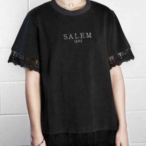 Black distressed Salem 1692 Lace Detail Tee